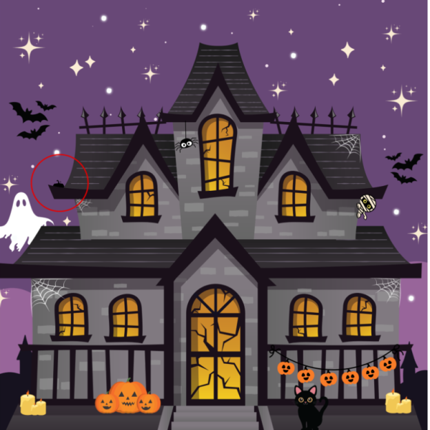 Illustration of a haunted house with a hidden pumpkin in the gutter on the left side of the roof.