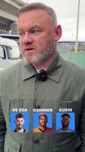 Man speaking with images of De Gea, Osimhen, and Guehi on his jacket.