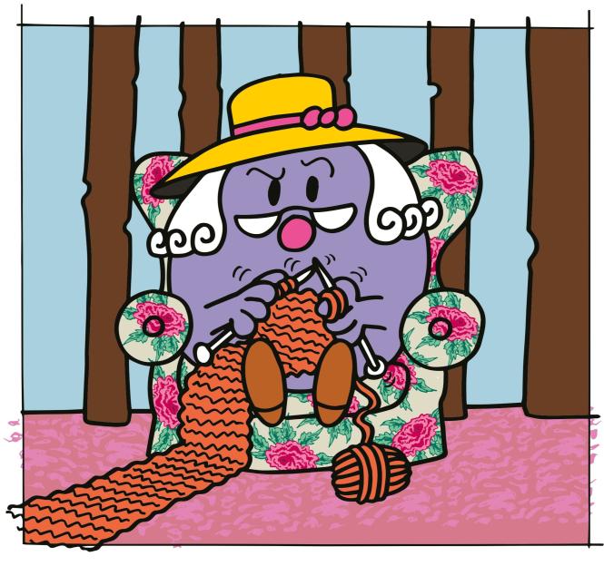 Illustration of Little Miss Marple, a purple character with a yellow hat and pink bow, knitting orange yarn while sitting in a floral armchair.