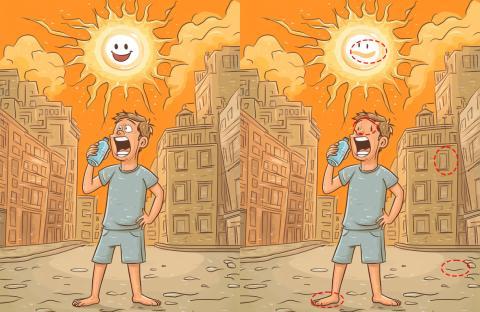 Illustration of a spot-the-difference puzzle showing a person drinking water on a hot day.