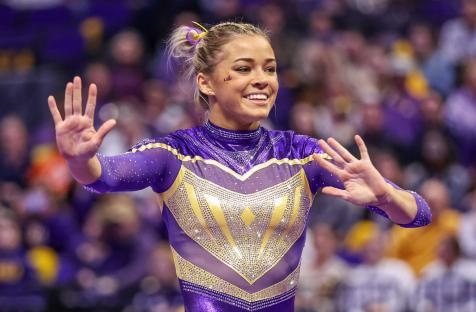 LSU gymnast Olivia Dunne competing on the floor.