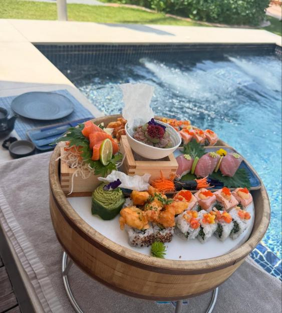 Sushi platter by the pool.