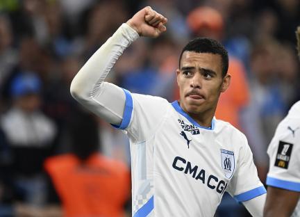 Mason Greenwood of Olympique de Marseille celebrates scoring a goal.