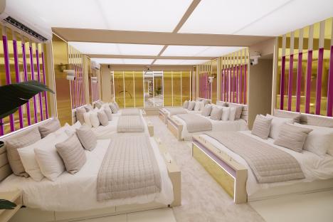 Love Island All Stars villa bedroom with multiple beds.