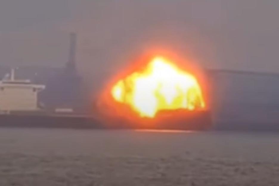 Moment blast rocks Baltimore harbor after cargo ship explodes sending flames into the air – near site of bridge collapse