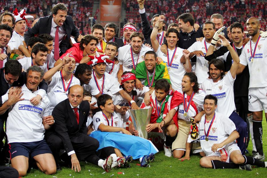 Sevilla FC players celebrating their UEFA Cup victory.