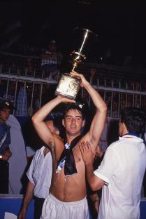 Roberto Mancini of Sampdoria lifting the Coppa Italia trophy.