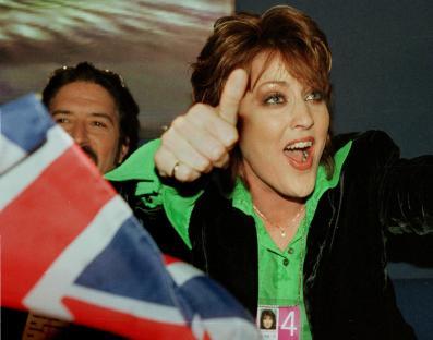 Katrina of Katrina and the Waves giving a thumbs up after winning the Eurovision Song Contest 1997.