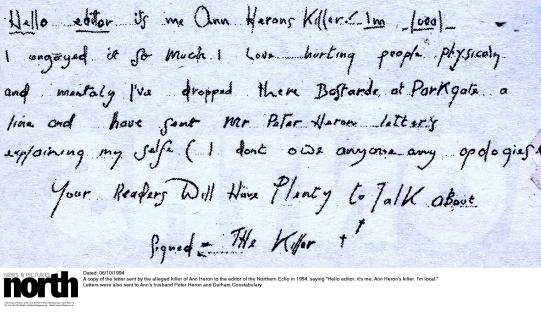 Handwritten letter from Ann Heron's alleged killer.