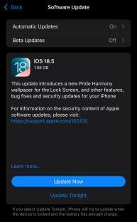 iOS 18.5 update screen showing features, bug fixes, and security updates.