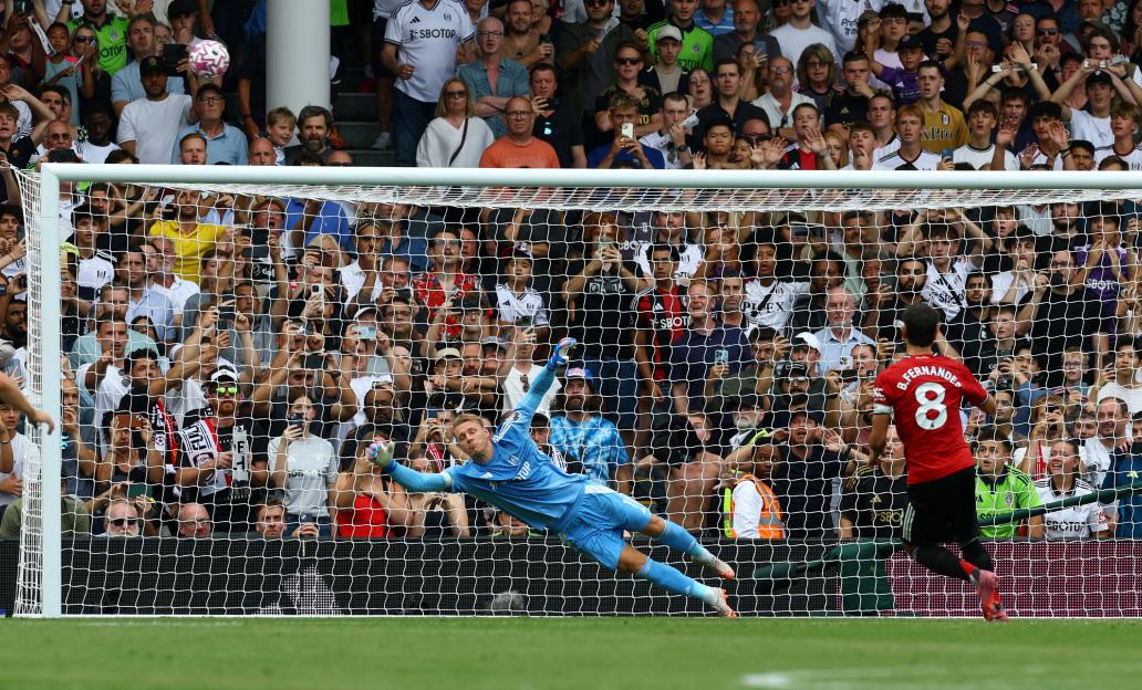 Bruno Fernandes of Manchester United missing a penalty kick.