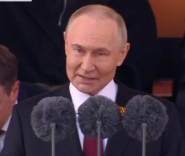 Vladimir Putin speaking at a Victory Day parade in Moscow.