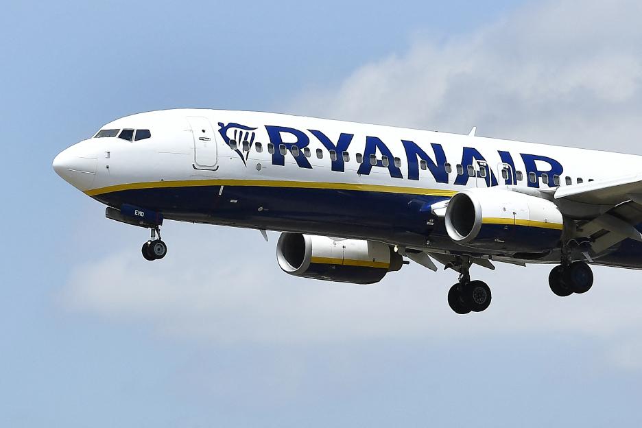Ryanair plane in flight.