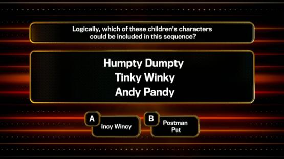 Screenshot of a quiz question asking which children's character fits in a sequence including Humpty Dumpty, Tinky Winky, and Andy Pandy. Options are Incy Wincy and Postman Pat.