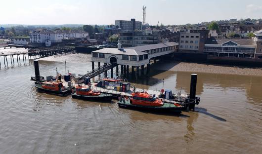 Drone view of Gravesend Terrace Pier with pilot boats.