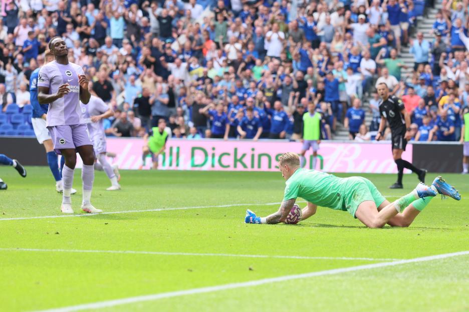 Danny Welbeck's penalty kick being saved by Jordan Pickford.