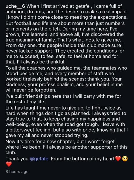 Screenshot of a heartfelt farewell message to Getafe.