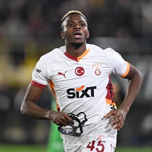 Osimhen of Galatasaray celebrating after scoring a goal.