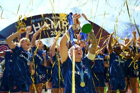 Chelsea FC women's team celebrating their Barclays Women's Super League victory.
