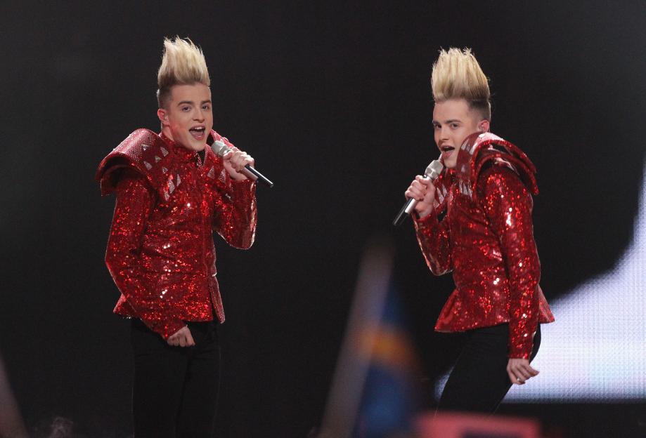 Jedward performing at the Eurovision Song Contest.