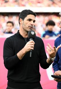 LONDON, ENGLAND - MAY 18: Mikel Arteta, Manager of Arsenal, speaks to the fans after the teams 1-0 victory in the Premier League match between Arsenal FC and Newcastle United FC at Emirates Stadium on May 18, 2025 in London, England. (Photo by Stuart MacFarlane/Arsenal FC via Getty Images)