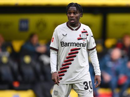 Jeremie Frimpong of Bayer 04 Leverkusen in a soccer match.