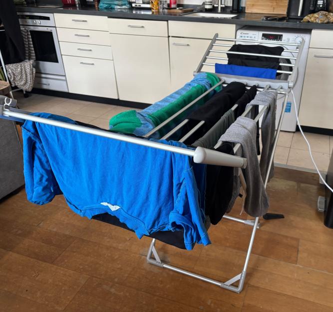 Clothes drying on an Aldi heated airer.