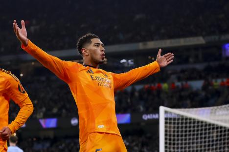 Jude Bellingham of Real Madrid celebrates scoring a goal.