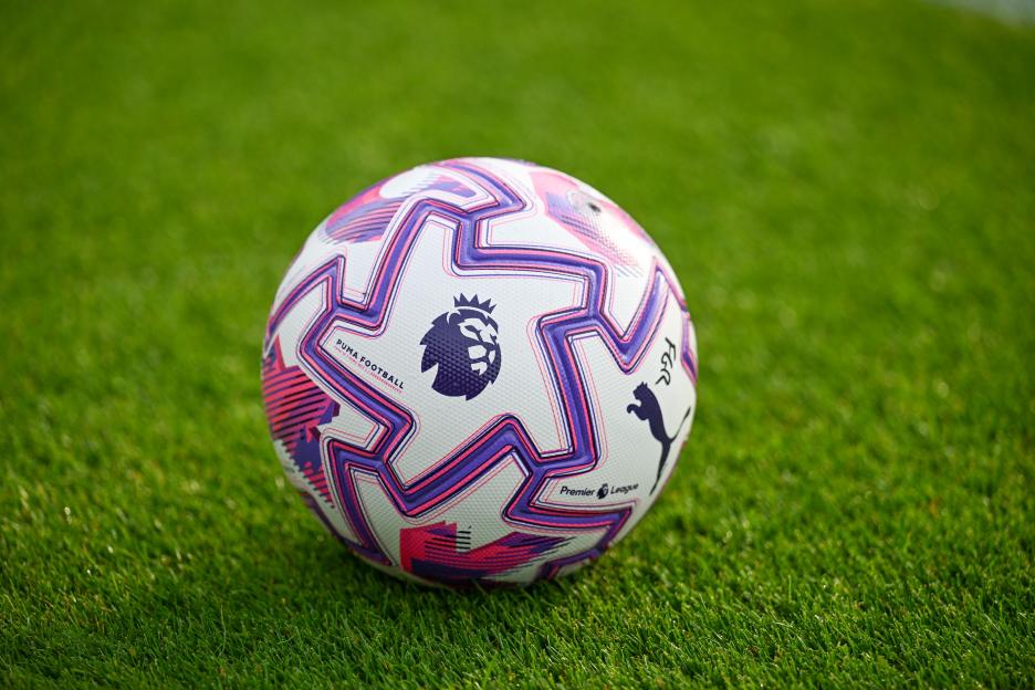 Premier League soccer ball on the grass.