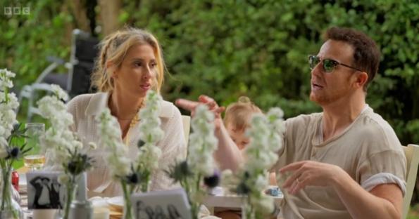 Joe Swash and Stacey Solomon arguing at their anniversary dinner.
