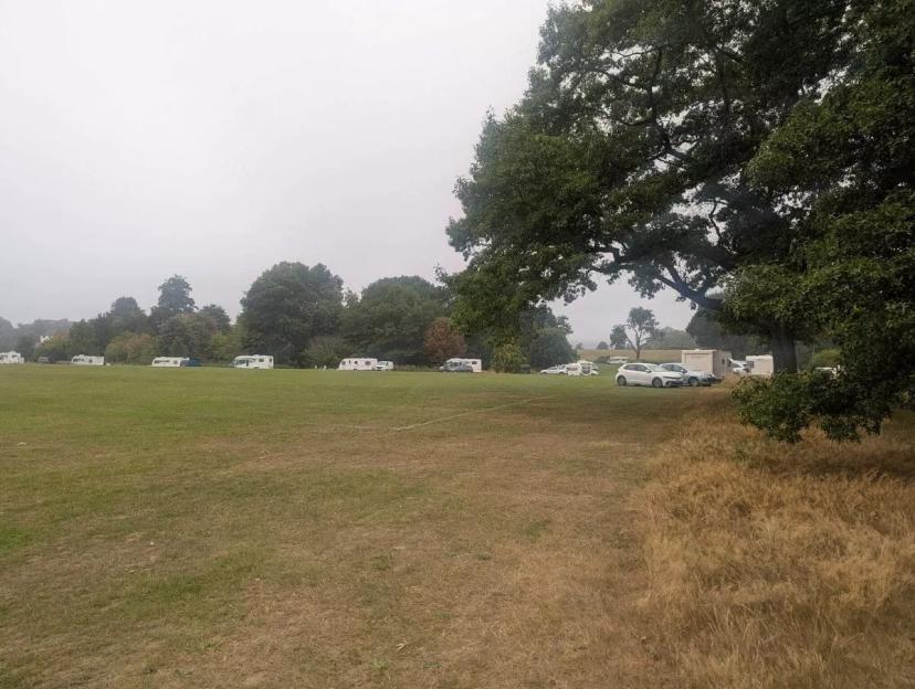 Unauthorised encampment of caravans and vehicles in a park.