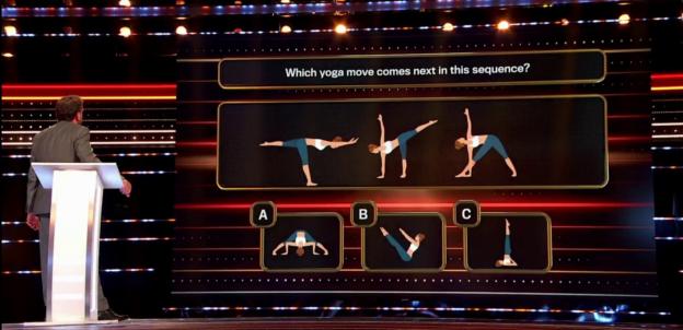 Screenshot of a game show question: Which yoga move comes next in this sequence? The question shows a sequence of yoga poses and three multiple choice options.