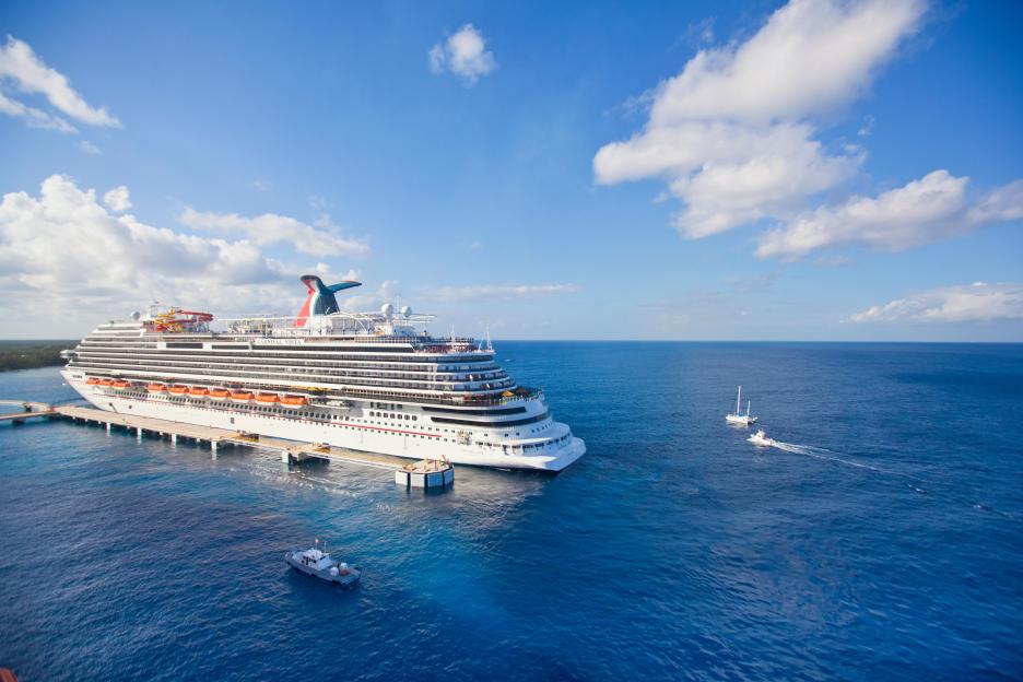 Aerial view of Carnival Vista cruise ship docked in Cozumel.