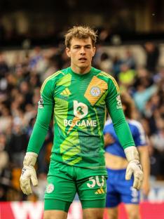 Mads Hermansen, Leicester City goalkeeper, in action.