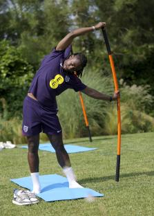 Eberechi Eze stretching during England team practice.