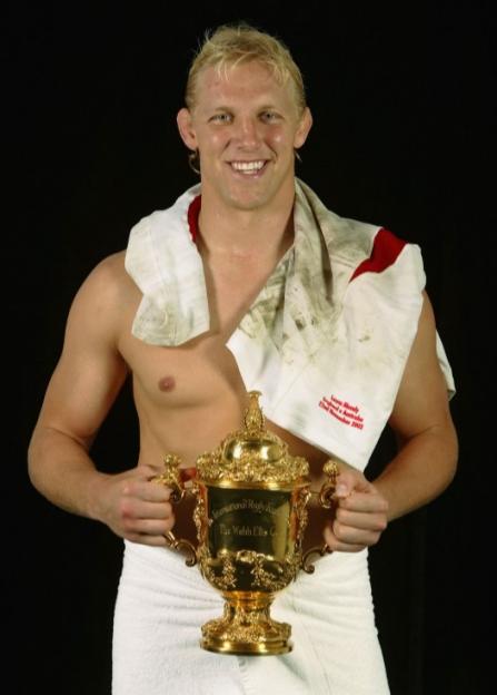 (FILE PHOTO) World Cup captain Lewis Moody of England has announced on March 6, 2012 via Twitter that he is to retire from Rugby following a series of injuries. SYDNEY, AUSTRALIA - NOVEMBER 22: Lewis Moody of England poses for a photograph with the Webb Ellis Trophy after winning the Rugby World Cup Final between Australia and England at Telstra Stadium November 22, 2003 in Sydney, Australia. (Photo by Nick Laham/Getty Images)