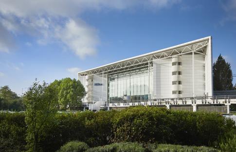 Exterior view of the Hilton Heathrow Airport hotel.