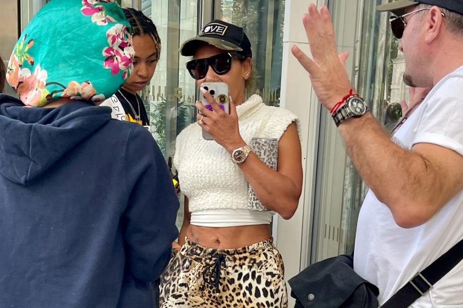 Mel B cuts a stylish figure in leopard print trousers as she’s spotted on the phone ahead of her wedding
