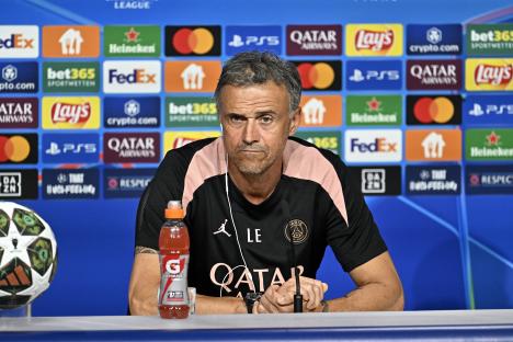 Luis Enrique of Paris Saint-Germain at a press conference.