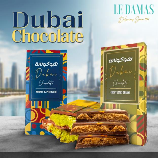 Dubai Chocolate bars with kunafa & pistachio and crispy lotus cream.