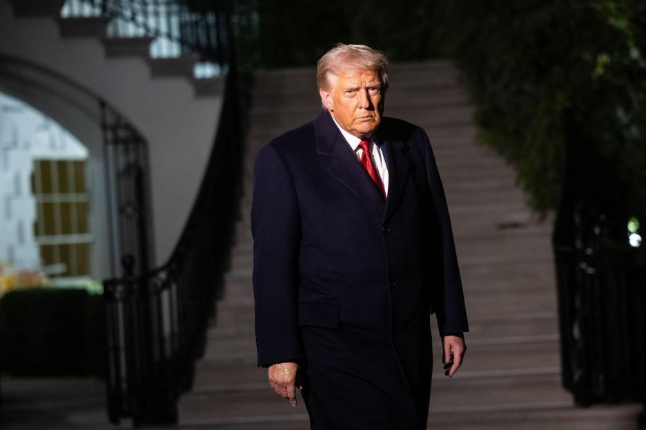 Washington, United States Of America. 24th Oct, 2025. United States President Donald J Trump walks to speak with reporters as he prepares to board Marine One on the South Lawn of the White House in Washington, DC, USA, October 24, 2025. The President