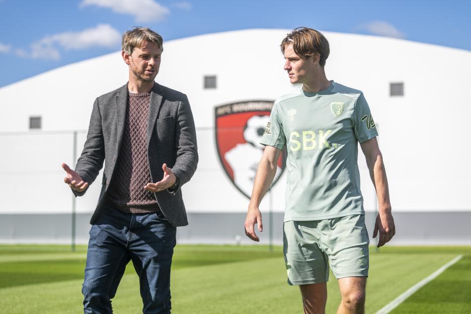 The Sun's Tom Barclay and AFC Bournemouth's Alex Scott at the AFC Bournemouth Performance Centre.
