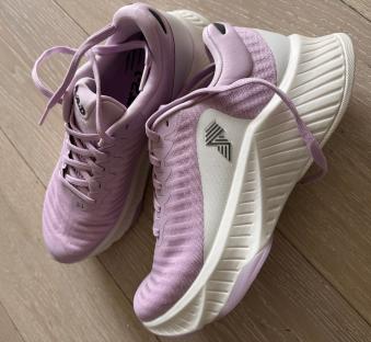 Pair of lavender and white hybrid trainers.