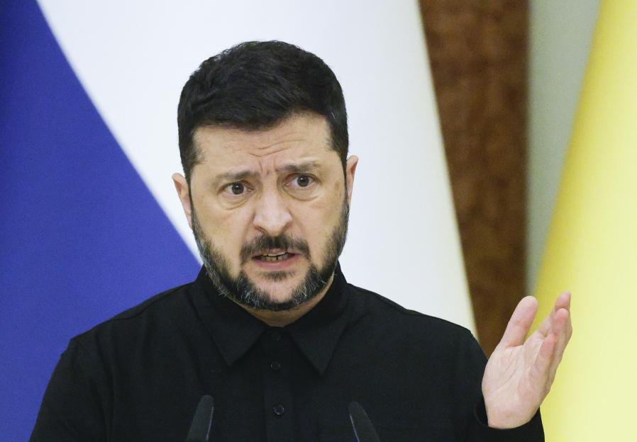 Ukrainian President Volodymyr Zelensky at a press conference in Kyiv.