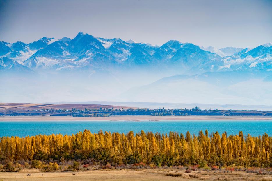 Tien Shan Mountains and Lake Issyk-Kul in Kyrgyzstan.