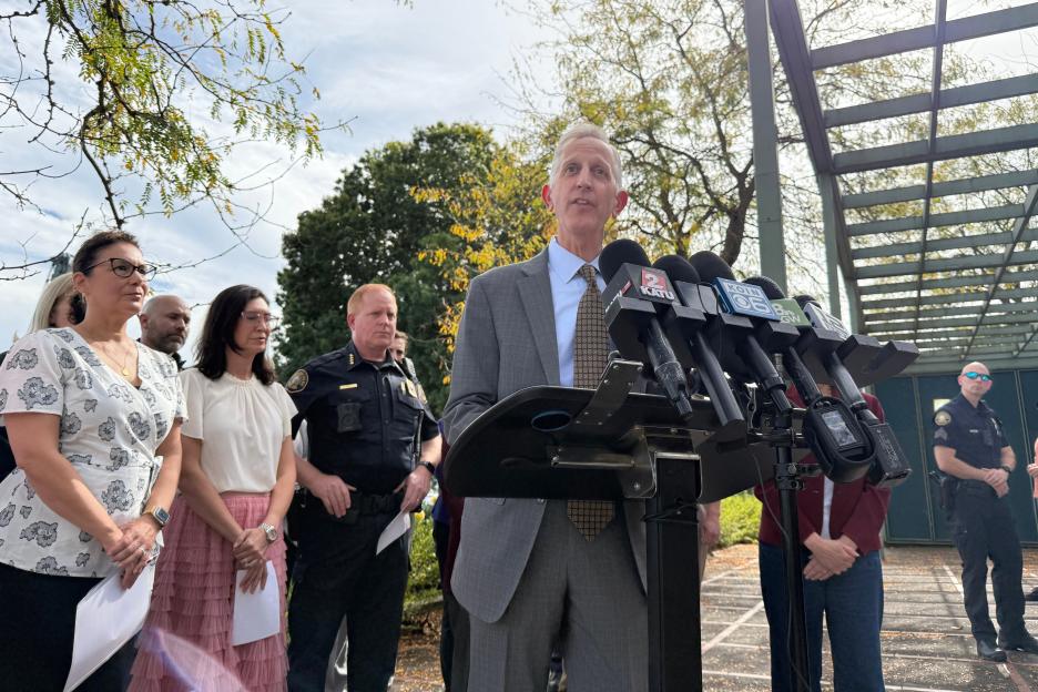 Portland Mayor Keith Wilson speaks at a news conference.
