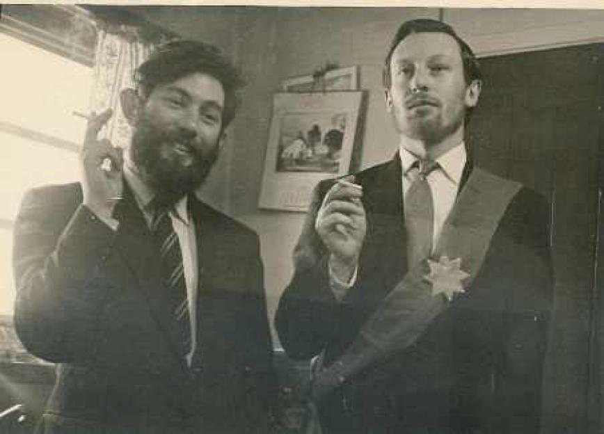Black and white photo of Dennis Bell and another man.