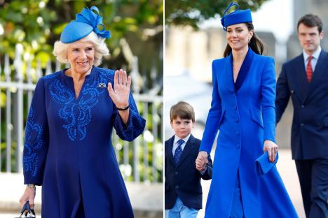 An image collage containing 2 images, Image 1 shows Camilla, Queen Consort, waving at Easter Sunday service, Image 2 shows Prince Louis and Catherine, Princess of Wales, attending Easter Sunday service
