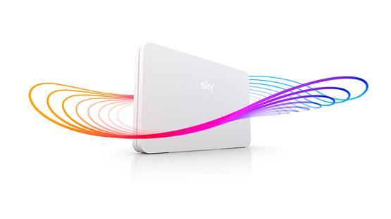 Sky broadband router with colorful data streams.