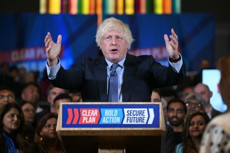 Boris Johnson speaking at a Conservative Party campaign event.